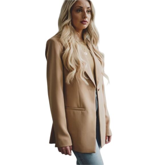 Good American One Button Fitted Blazer in Pecan Lined Tan Neutral Career Wear